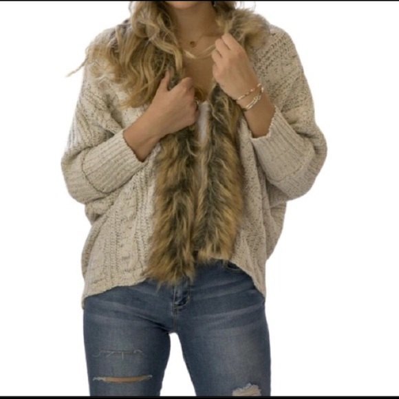 Sweaters - Military Hippie Felicity Brown Faux Fur neckline Marled Open Cardigan Sweater